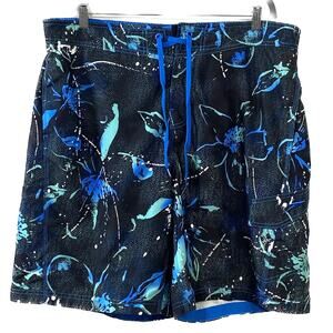Speedo Men's Floral Swim Trunks Blue Black XL Drawstring Waist Pockets Lined